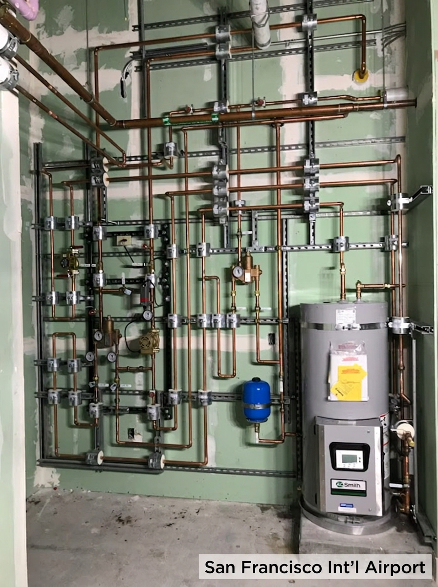 Commercial plumbing installation with copper piping and a water heater at San Francisco International Airport
